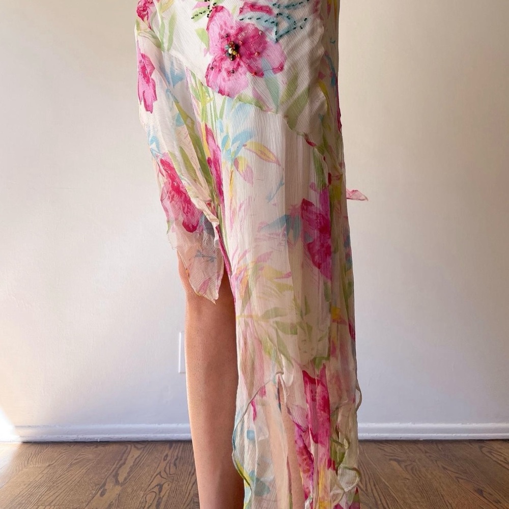 VINTAGE SILK FLORAL BEADED PAPILLON DRESS - Picture 4 of 8
